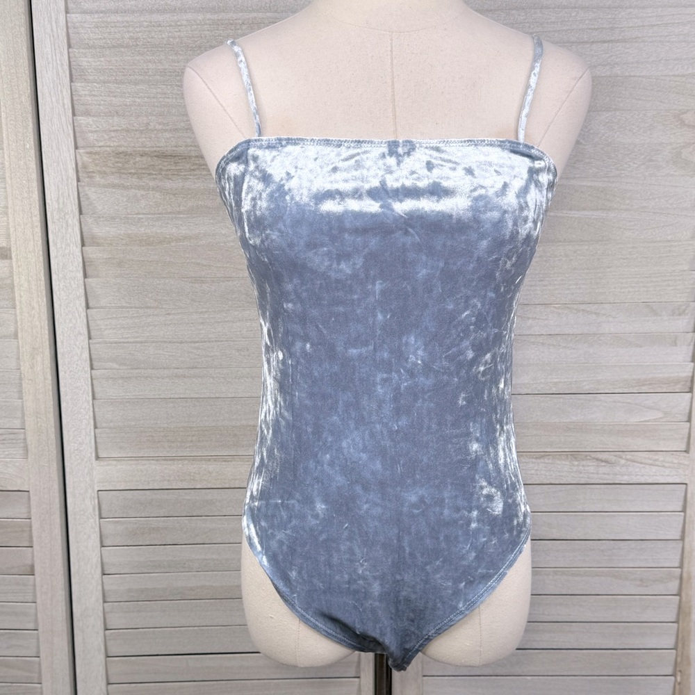 FOREVER 21 Light Blue Velvet Cami Strap Bodysuit-Medium
